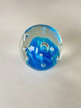 MCM Blue Swirl Art Glass Paperweight Orb Murano Style